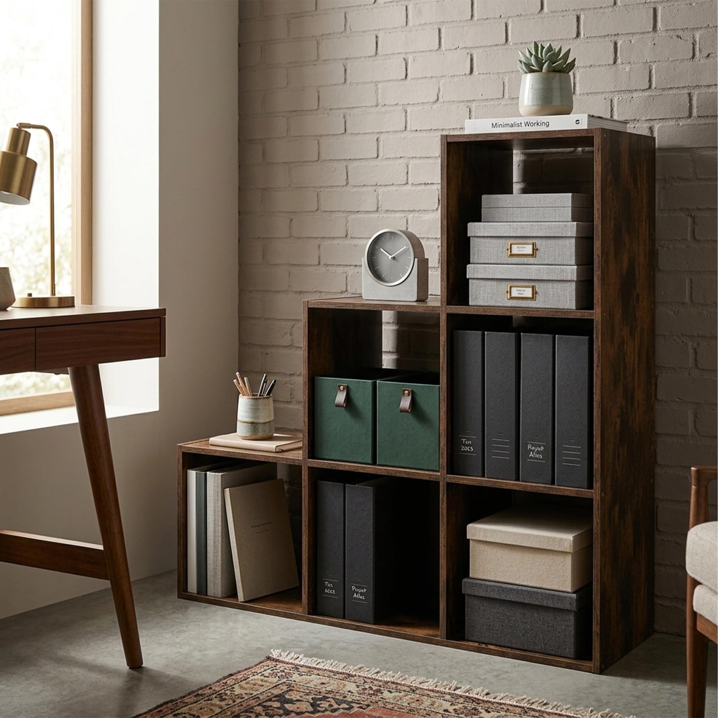 Relaxdays stepped shelf, 6 shelves, HxWxD 97.5 x 97.5 x 29 cm, under-eaves living room bookcase, vintage brown