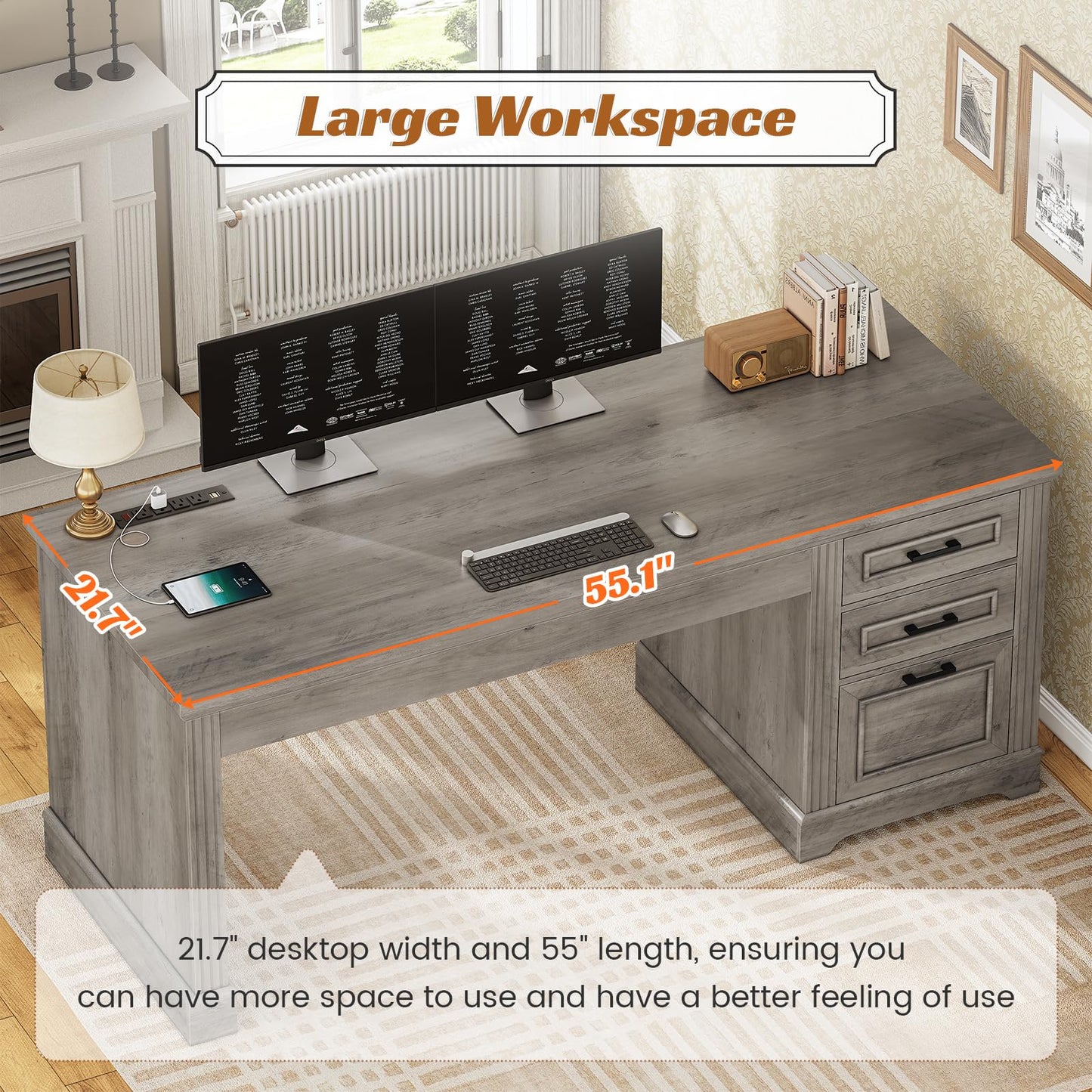 SEDETA Executive Office Desk with 3 Drawers, Farmhouse 55" Computer Desk with Storage File Drawers & Power Outlet for Home Office, Grey