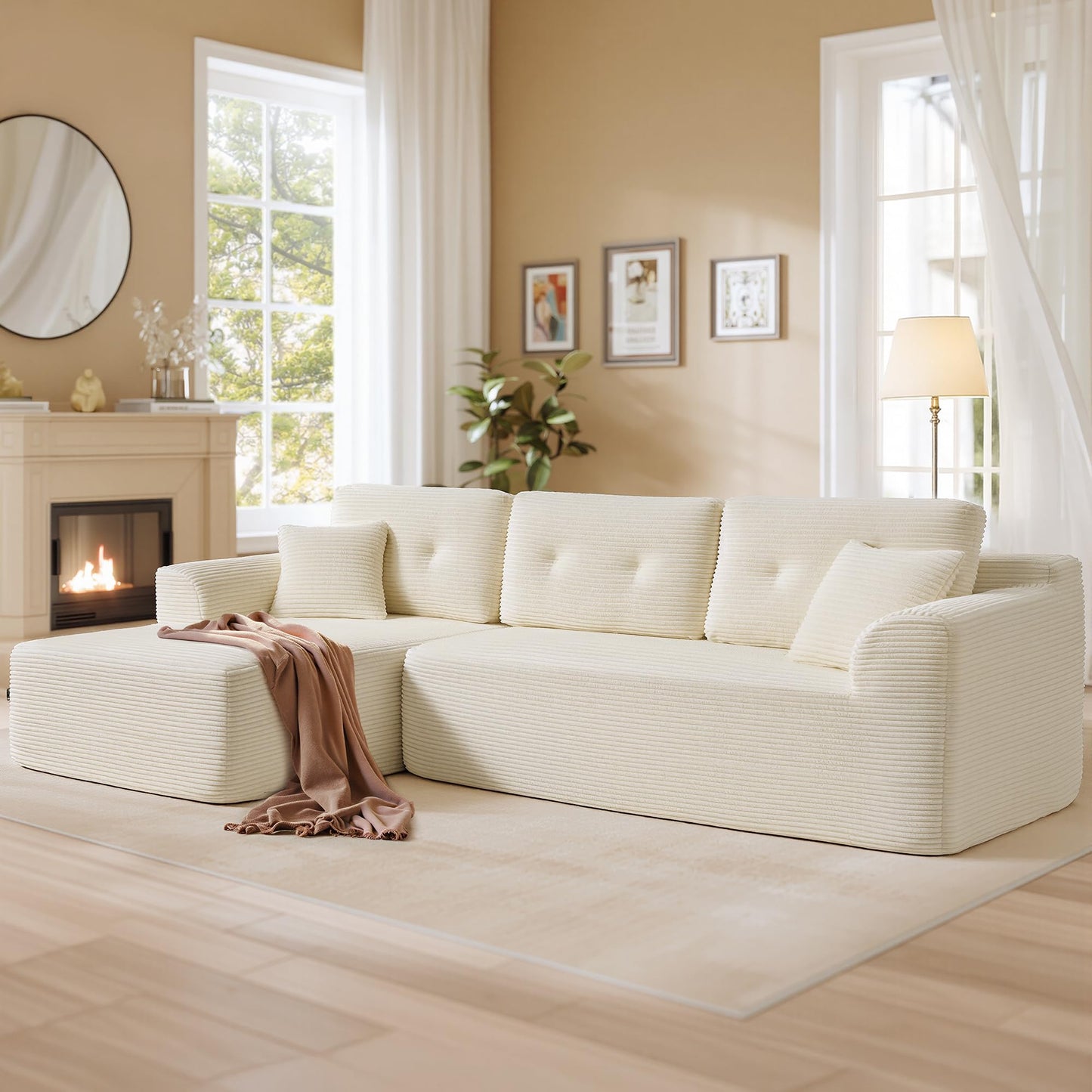 VASAGLE Boneless Couch, Modern Cloud Couch with Deep Seat, Corduroy Sofa for Living Room, Bedroom, Modular Sectional Sofa with Left-Facing Chaise, 108.3 Inches, Cloud White ULCS181WD01