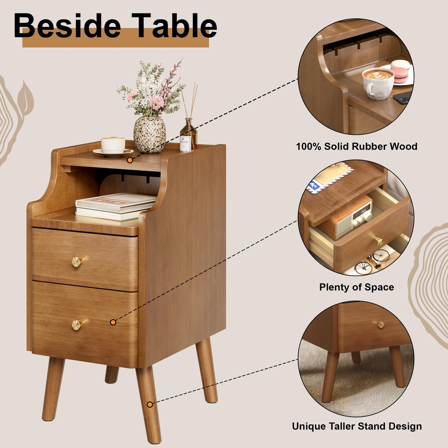 Narrow Nightstand Set of 2, Solid Wood Night Stand with 2 Drawers, Walnut Mid Century Modern Nightstand, Small Bedside Table with Open Storage Shelf for Bedroom (10 Inch)