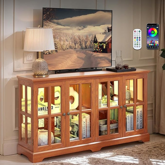 59" W LED Curio Cabinet with 7 Color Lights, Vintage Glass Display Case with