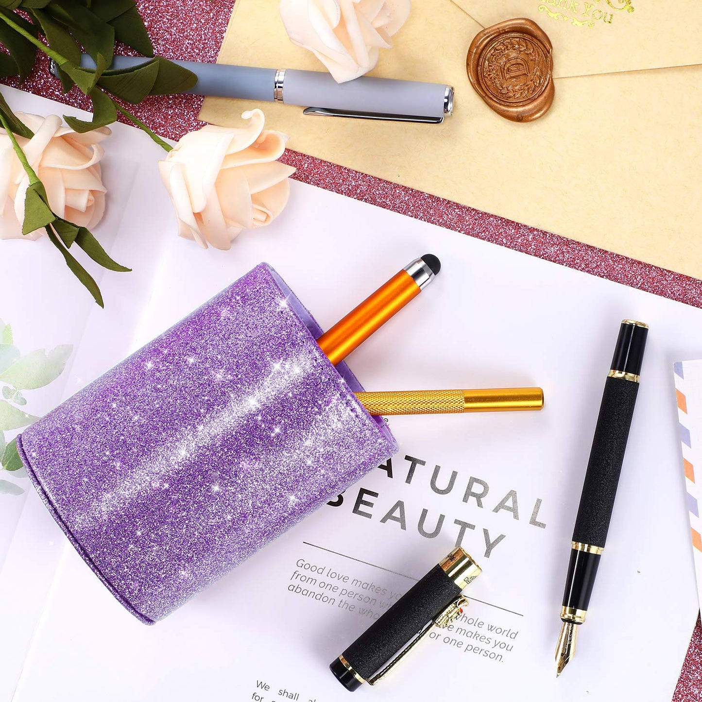 Outus PU Glitter Pen Holder Pencil Cup Shiny for Women Girls, Luxury Makeup Brush Holder Pu Leather Organizer Cup Gift for Desk Office Classroom Home (Purple)