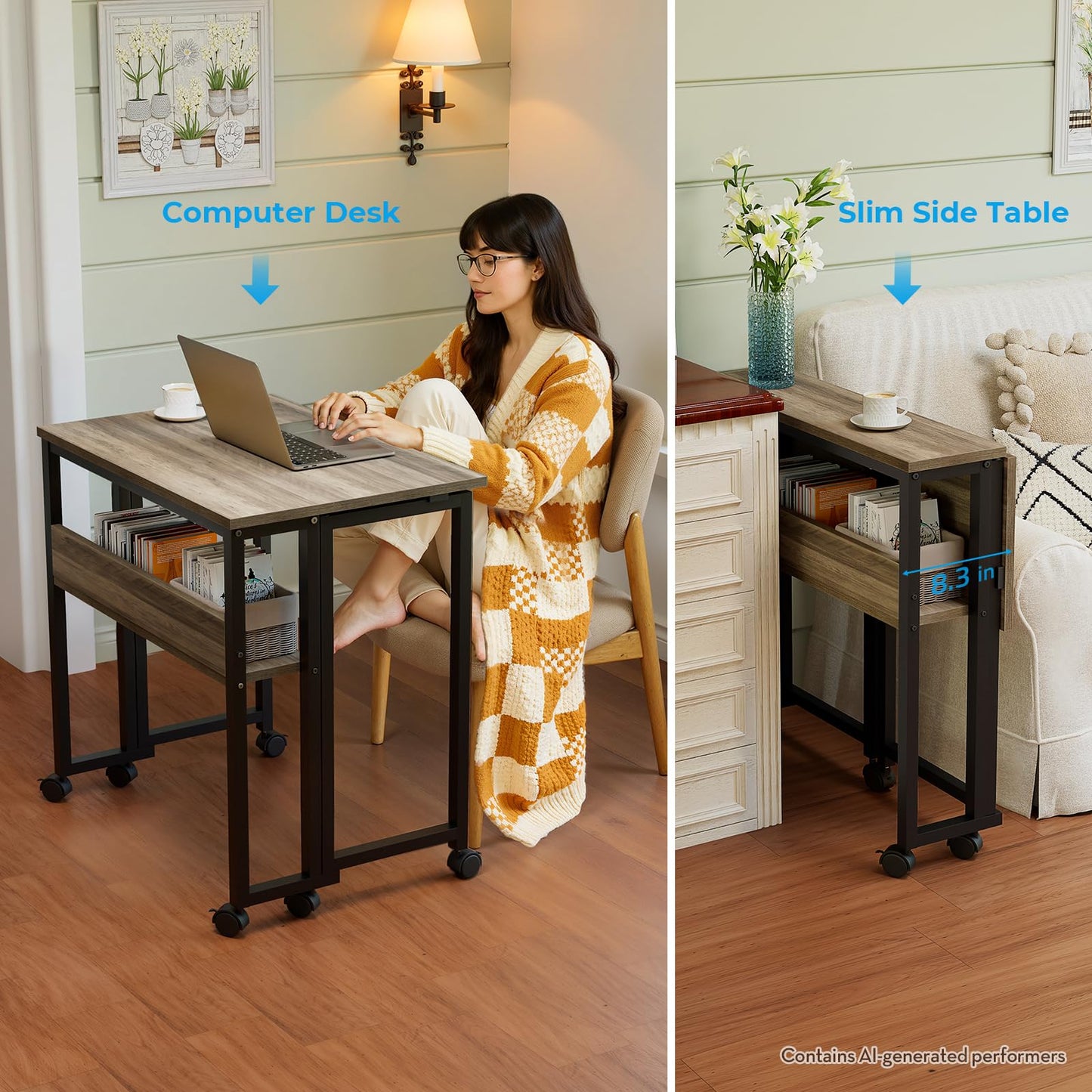 GreenForest Folding Desk with Wheels, 24.8 Inch Compact Rolling Computer Table with Storage Shelf, Portable Mobile Workstation for Small Spaces, Easy Assembly,Grey Wash