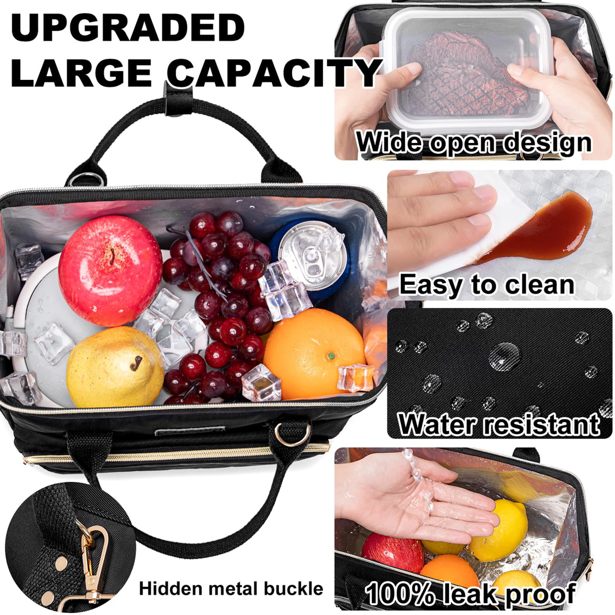 AIJIEKE Large Insulated Lunch Bag for Women, Stylish Leakproof Lunch Box for Work with Multi-Pockets & Adjustable Strap, Reusable Thermal Lunch Tote Cooler for Adult, Picnic, Beach, Black