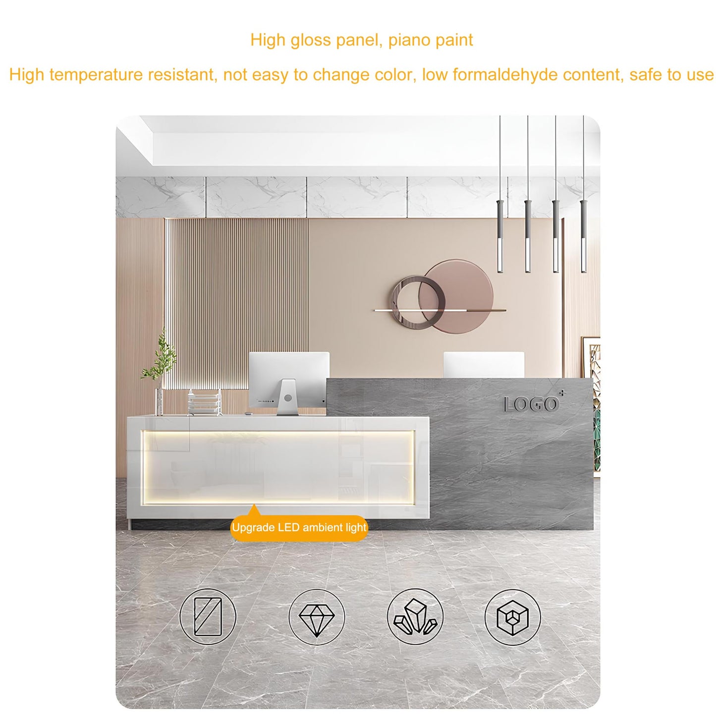 Modern Reception Desk with Counter, Lockable Drawer & Cabinet, LED Light Strip - Stylish Receptionist Station for Office, Salon, Boutique, Lobby & Shop