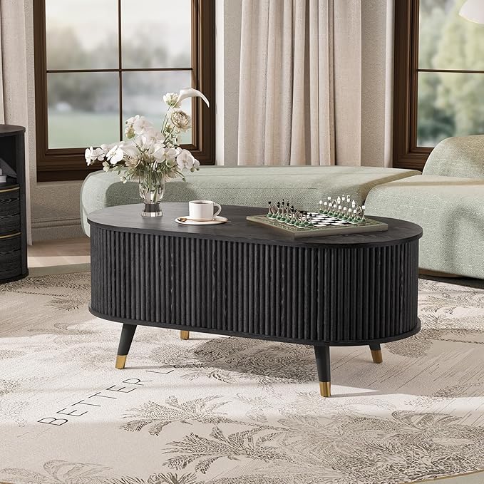 SULIVES Oval Coffee Table with Storage, Small Fluted Center Table