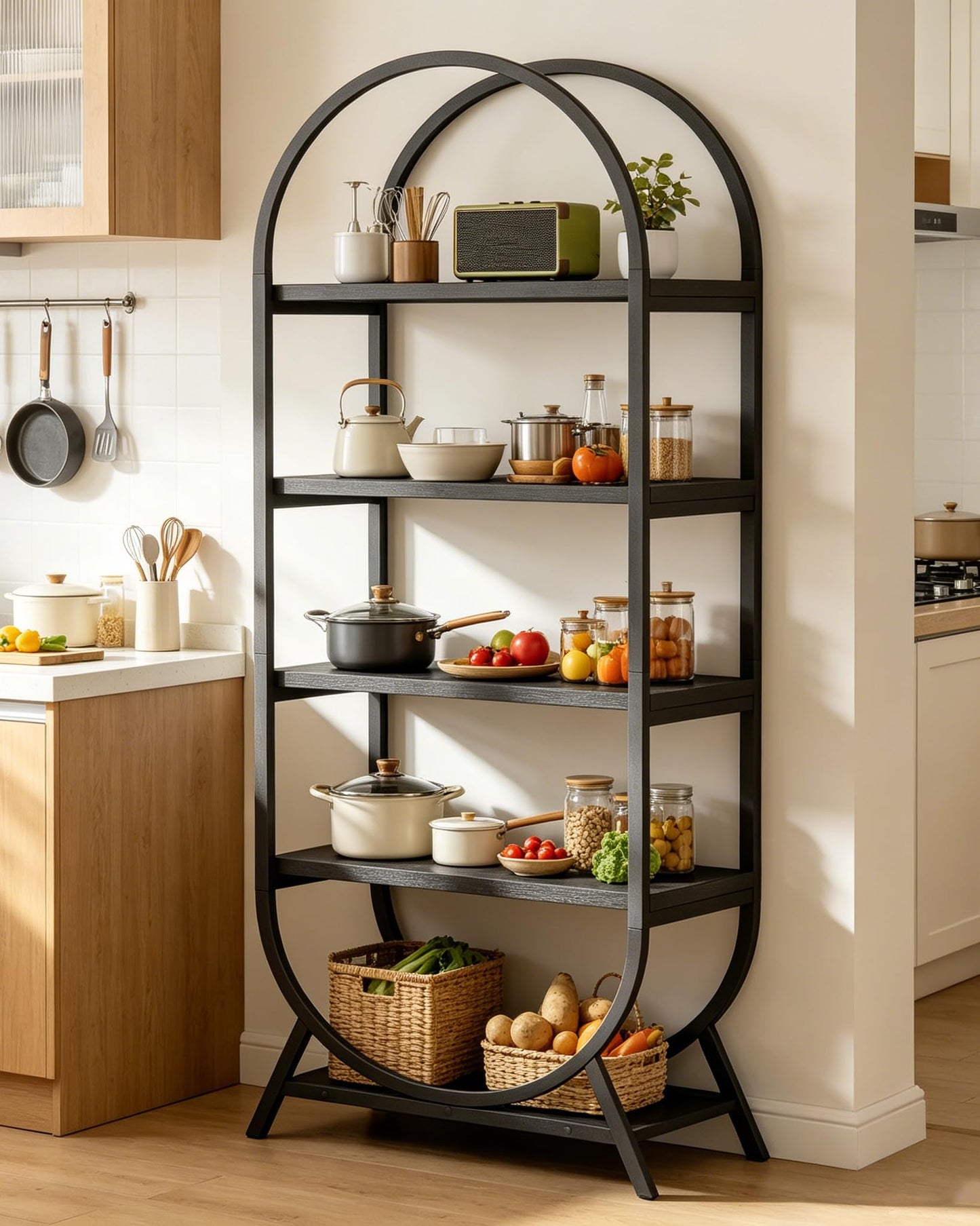 Kogven Bookshelf Arched Bookcase, Industrial 5 Tier Open Book Shelves with Metal Frame, 72" Tall Freestanding Display Rack for Home Office, Living Room, Black