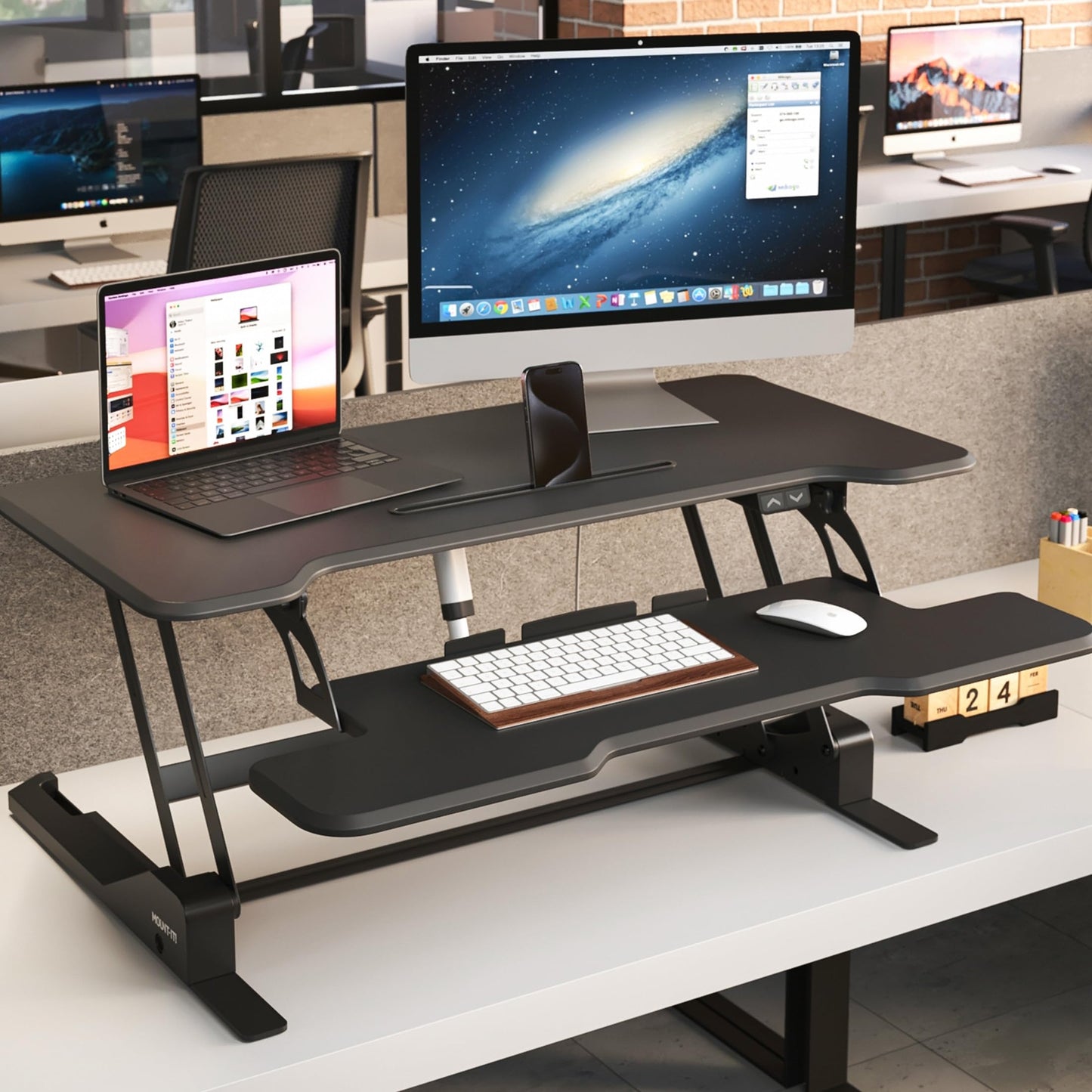 Mount-It! Electric Standing Desk Converter with 38" Tabletop, Height Adjustable Sit Stand Desk Riser, Motorized Desk Riser with Keyboard Tray and Device Slot, Fits Monitor & Laptop, Black