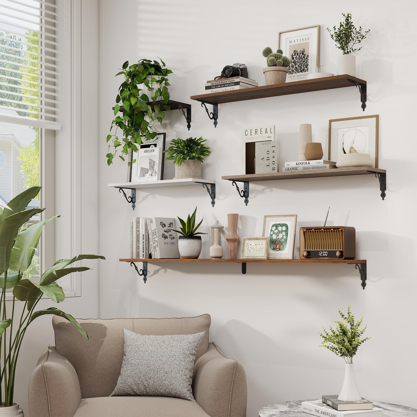 RICHFOCUS Floating Shelves for Wall Decor, 8 Inch Deep Shelves Set of 2, 16W x 8D Floating Shelves Wall Mounted with Metal Brackets, Rustic Wood Shelves for Living Room Bedroom Kitchen, Grey