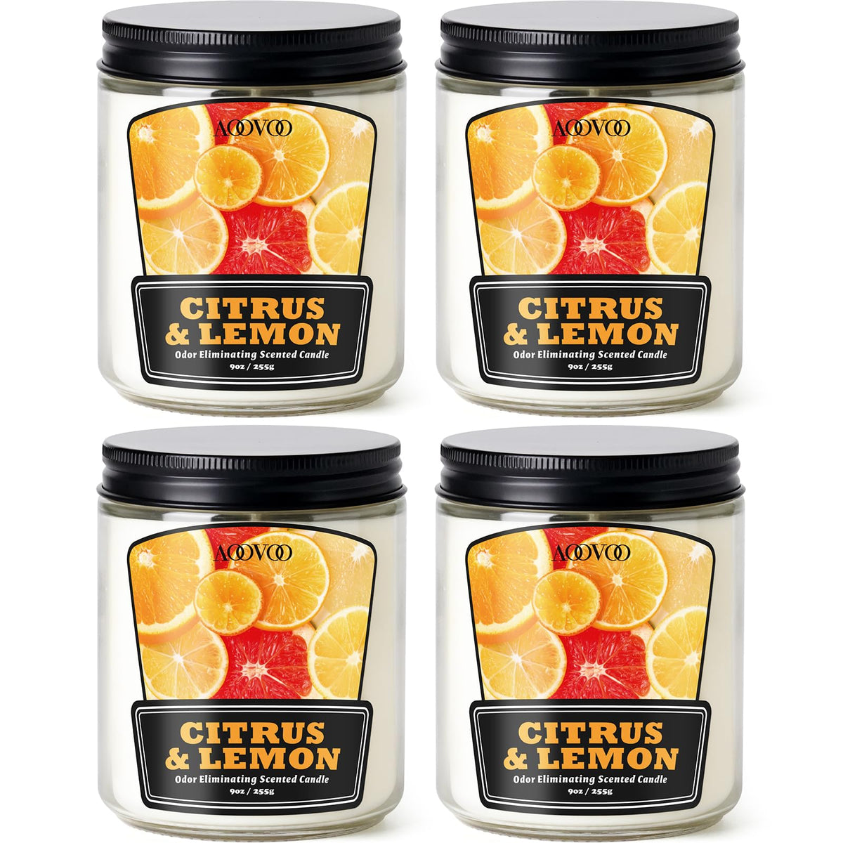 AOOVOO 4 Pack Citrus Lemon Odor Eliminating Candle - Up to 200 Hours Burn time, Eliminates 95% of Pet, Smoke, Food, and Other Smells Quickly, 36 oz Non Toxic Highly Fragranced Air Freshing Soy Candle