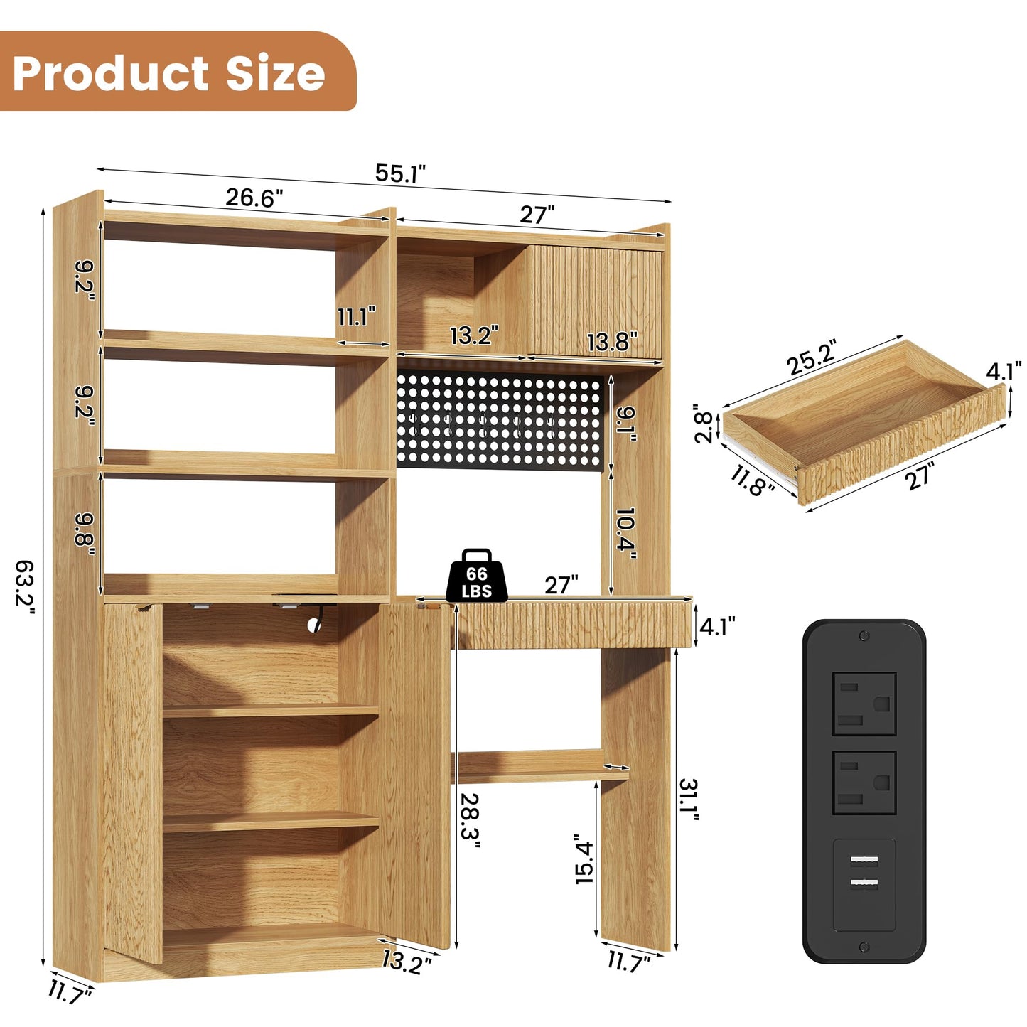 kepptory 63" Tall Computer Desk with Hutch, Fluted Wood Home Office Desk with Charging Station, Drawer & Storage Cabinet, Oak Workstation for Work & Study