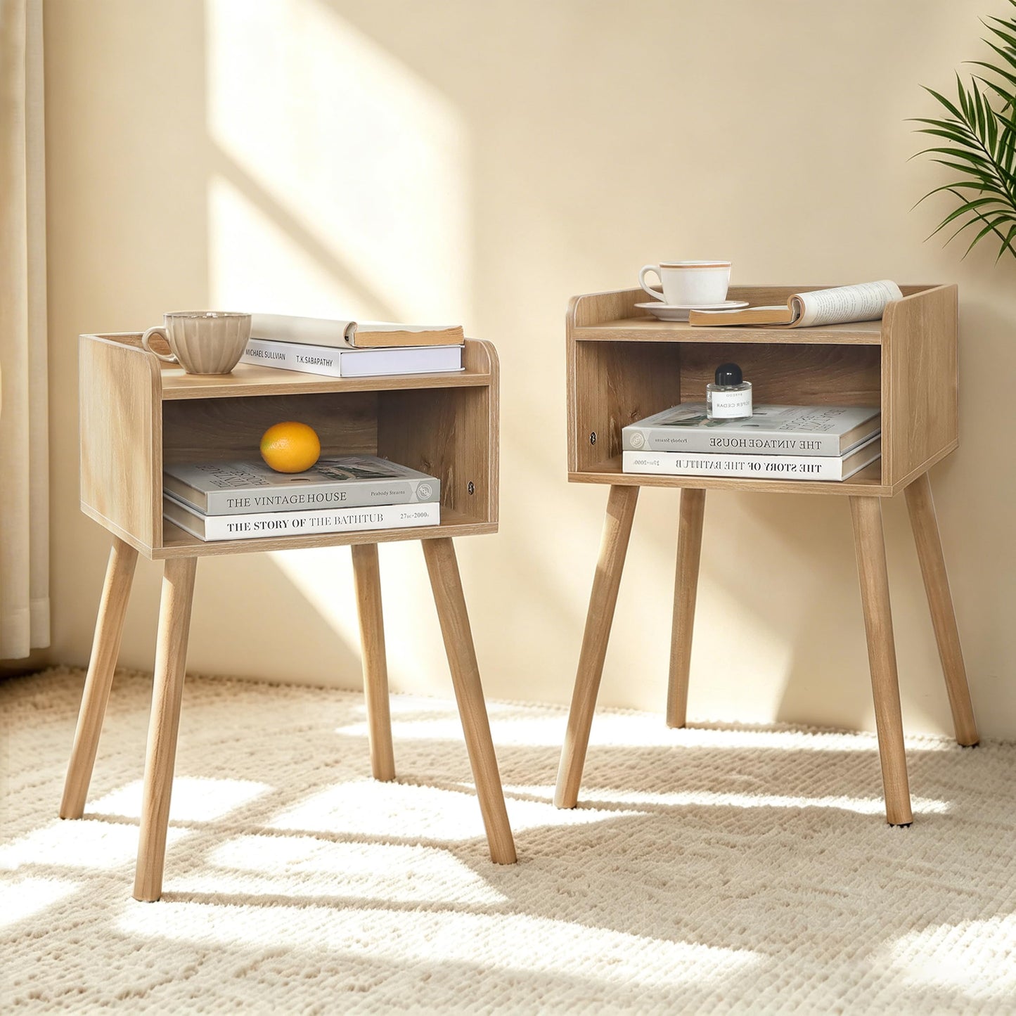 MaxSmeo End Tables Set of 2, Mid Century Modern Side Table Bedroom with Storage, Small Nightstands Set of 2 with Solid Wood Legs for Living Room, Office Small Spaces (Rustic Walnut)