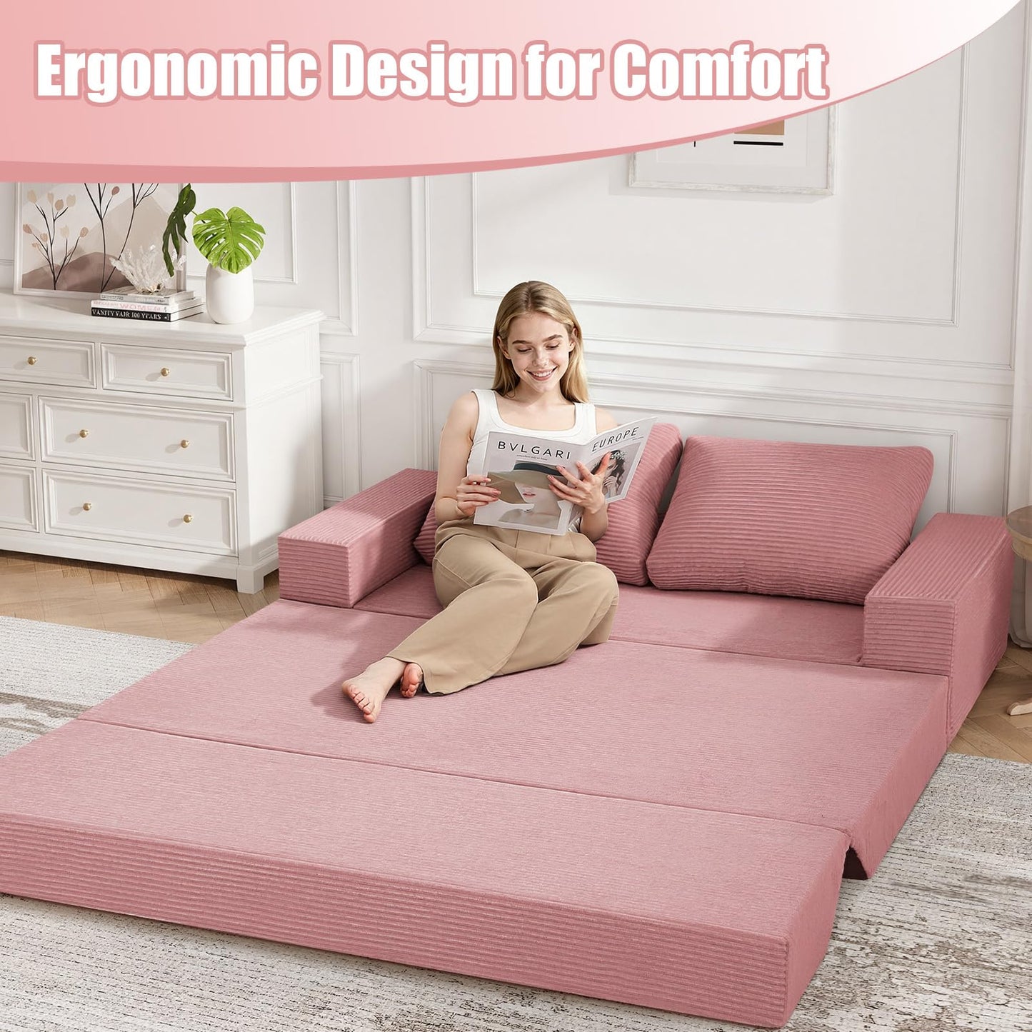 COMAX Convertible Sofa Bed Queen, Corduroy Folding Floor Couch Pull Out Couch Bed Futon Sleeper with Pillows, Fold Out Boneless Sofa Comfy Lounge Mattress Loveseat for Living Room Bedroom, Pink