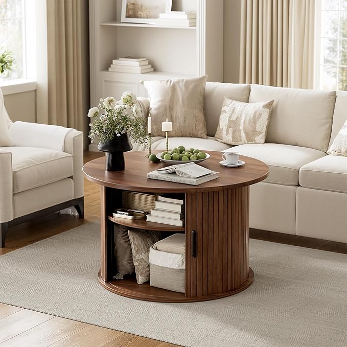 FABATO Round Lift Top Coffee Table, Fluted Wood Accent Coffee Table