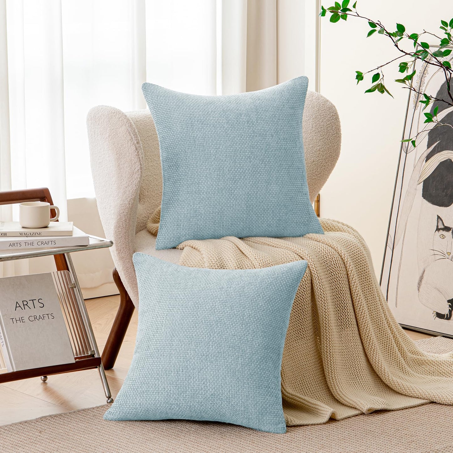 a moment Baby Blue Chenille Throw Pillow Covers 18x18 Inch Pack of 2 Modern Decorative Throw Pillow Covers Farmhouse Cross Covers Home Decor for Sofa Bedroom Living Room