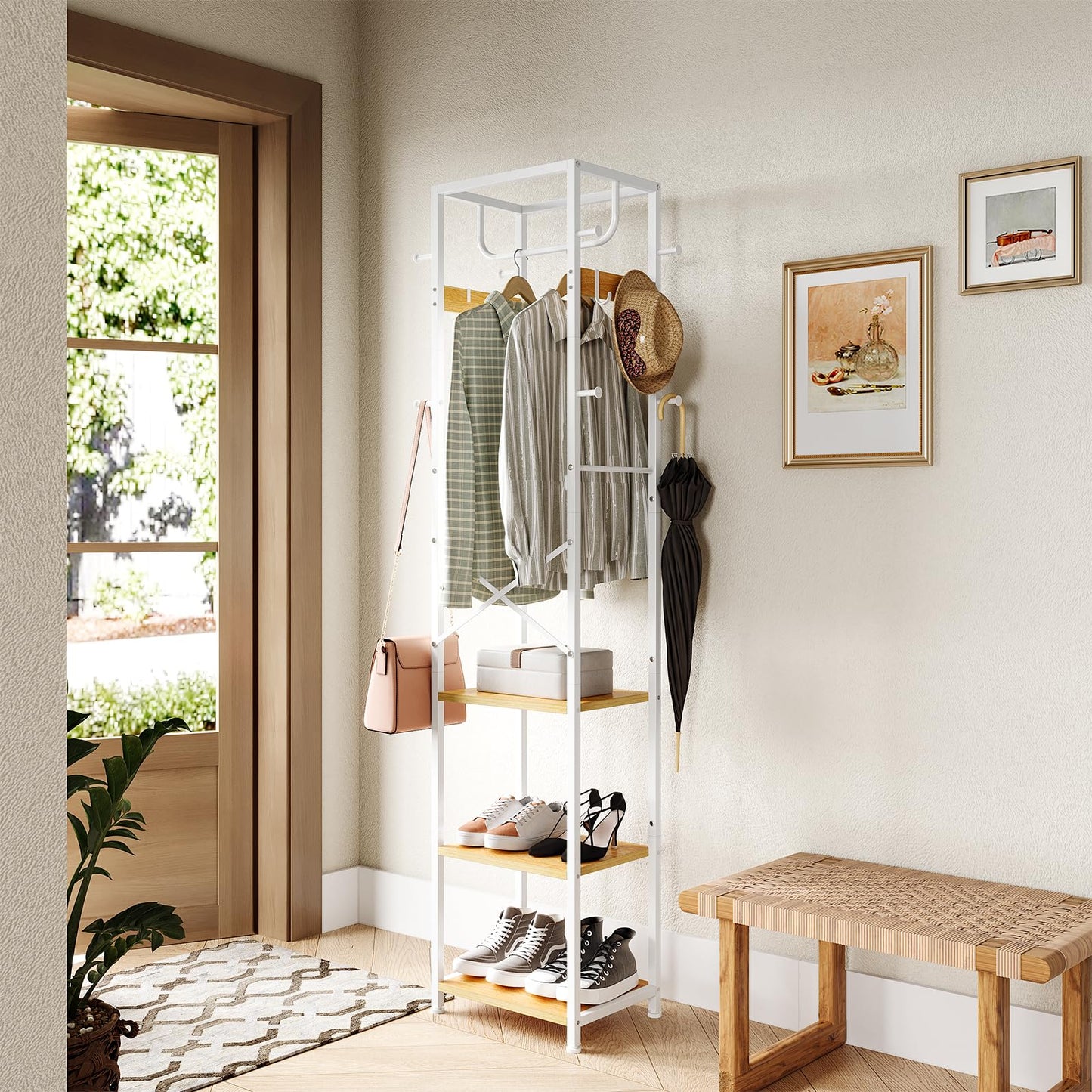 ELYKEN Coat Rack Freestanding, Hall Tree with 3 Storage Shelves and 12 Hooks, Industrial Clothes Rack Stand Organizer for Bedroom, Hallway, Entryway, Office, Living Room