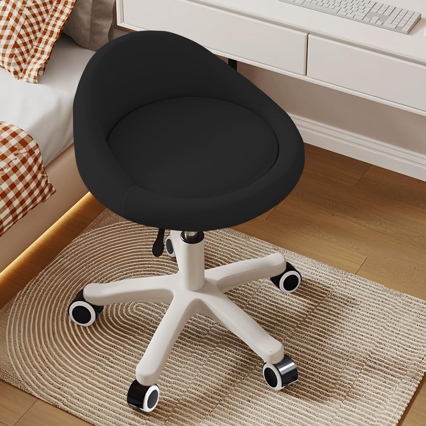 Timbertouch Rolling Stool – Ergonomic Swivel Seat, Adjustable Height, Ultra-Quiet Wheels, Padded PU Leather Cushion, for Salon, Office, Massage & Medical Use Black sap1