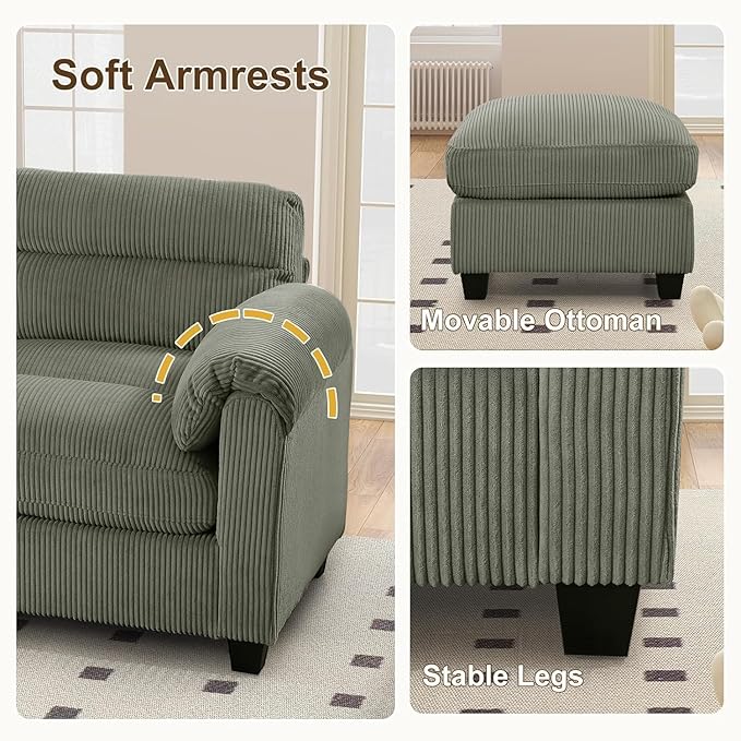 HAOMARKETS Corduroy 2-Piece Sofa Set, Upholstered Ottoman and 3-Seater Sofa