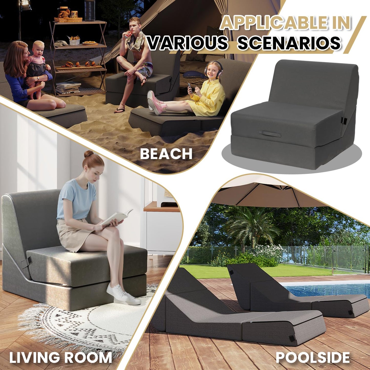 jela Outdoor Sofa, Waterproof Folding Lounge Chair and Sofa, UV Resistant Patio Sofa with Machine Washable Cover, Soft Foam Outdoor Bed Pool Lounge Chaise Chairs (Darkgrey)