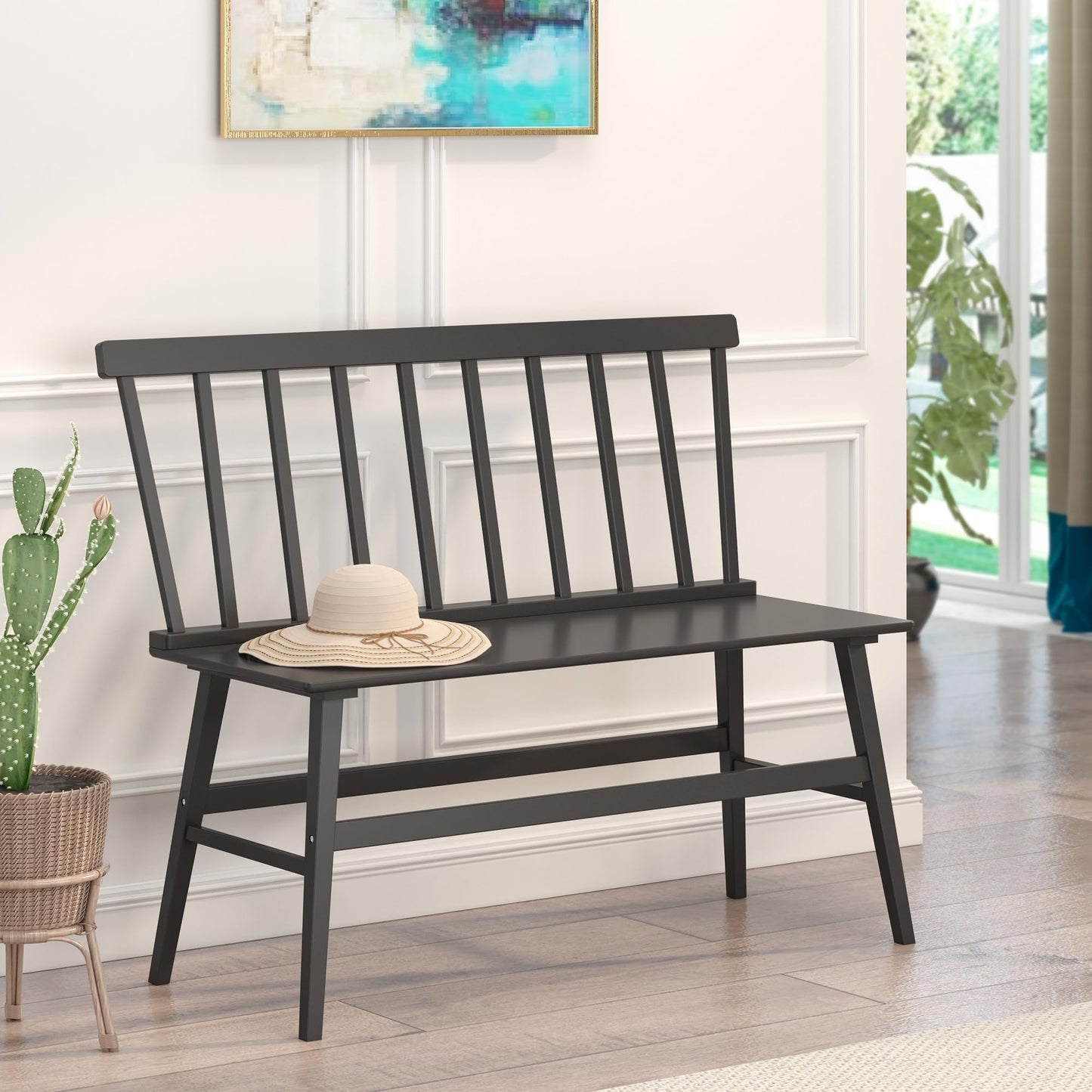 Wisuce Essentials Bamboo Dining Bench, Entryway Bench with Spindle Back Farmhouse Wood Windsor for Foyer Balcony Living Room (Black)