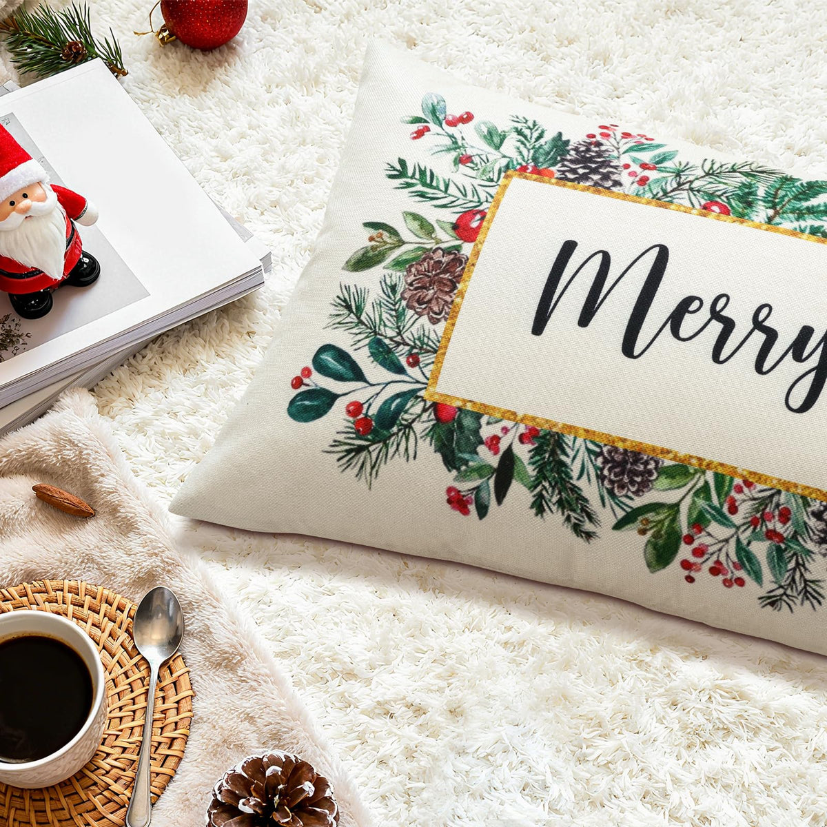 OTOSTAR Merry Bright Christmas Decor Pillow Cover 14x36 Inch Extra Long Lumbar Decorative Throw Pillow Case Eucalyptus Mistletoe Winter Holiday Cushion Cover for Couch Bed Sofa Decor (Merry & Bright)