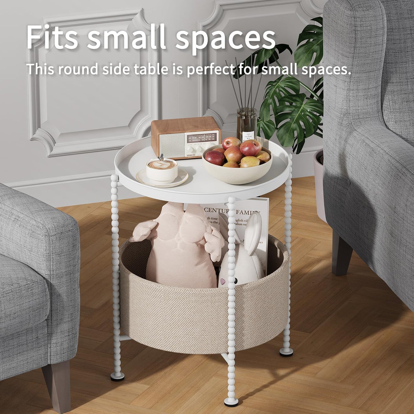 YINMIT Round Side Table with Fabric Storage Basket, Metal End Table, Bedside Nightstand,Sofa Coffee Side Table for Living Room，Bedroom, Office, Balcony