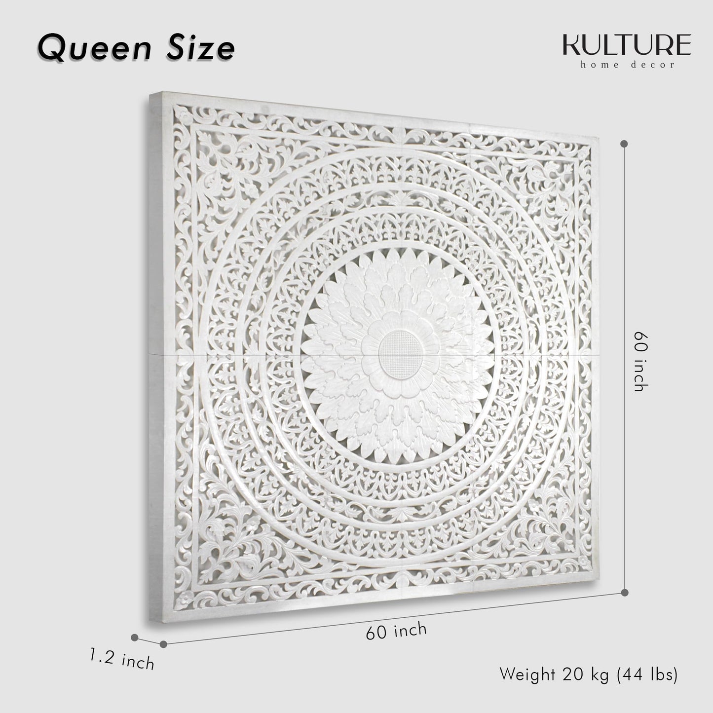 KultureDeco Queen Headboard Panels 59x59 in, Seruni White Hand Carved, Made in Bali Indonesia, Wall Mounted Behind Bed, 4 Panels + Hardware