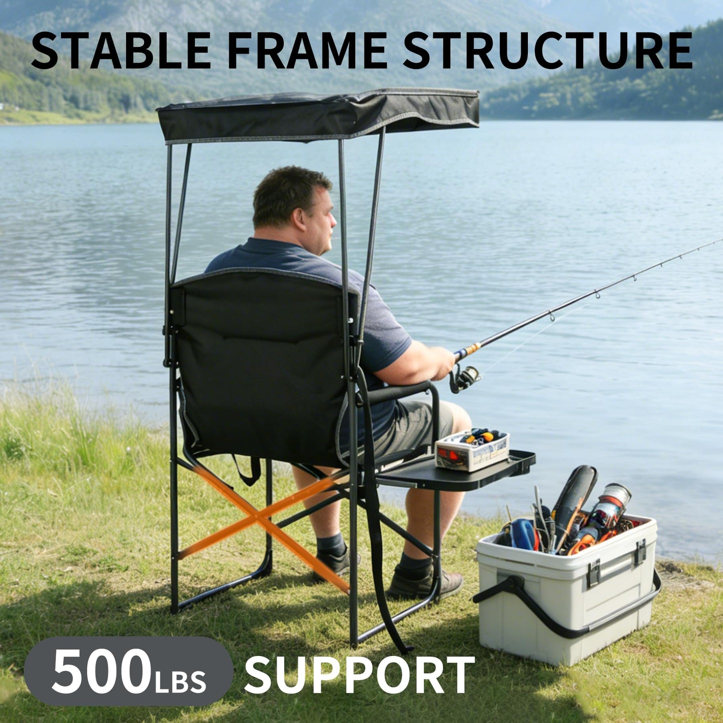 Oversized Camping Chairs with Canopy Foldable Directors Chair with Side Table & Pockets Portable Adults Heavy Duty Outdoor Folding Chairs for Lawn, Beach, Picnic, Sports and Fishing, Supports 500lbs