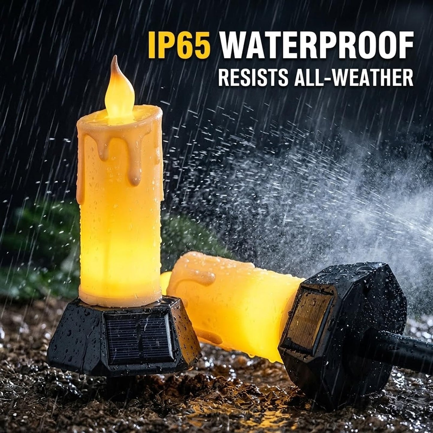 Solar Flameless Candles Outdoor Waterproof, Patented Dual-LED Flickering Flame 7" Dripping Wax Pillar with Detachable Stake, 3-Sided Solar Base for Patio, Cemetery (4 Pack)