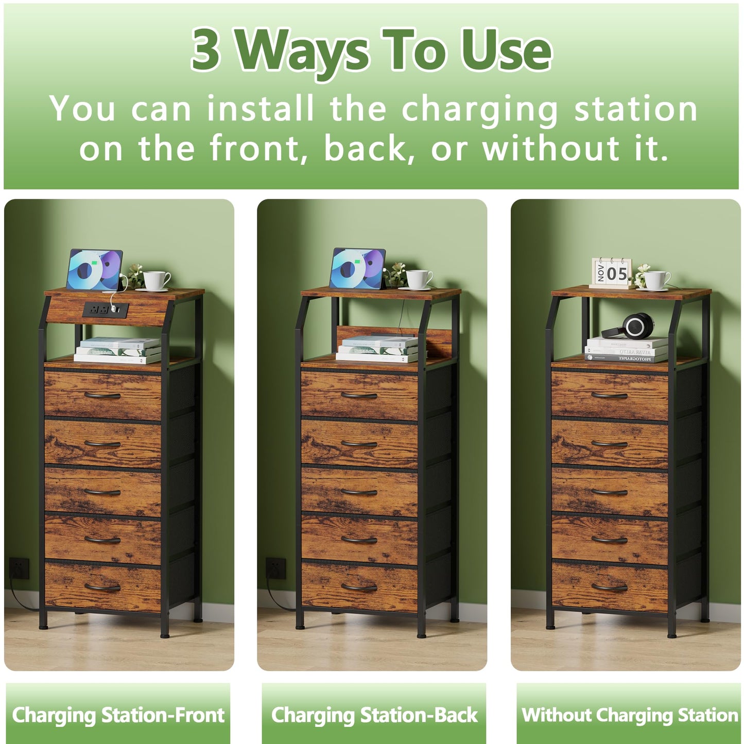 Furnulem 5 Drawers Dresser with Charging Station, Tall Night Stand with Storage Shelf, Fabric Chest of Drawers, Bedside Table for Closet, Entryway, Bedroom Furniture, 3 Ways to Use, Rustic Brown