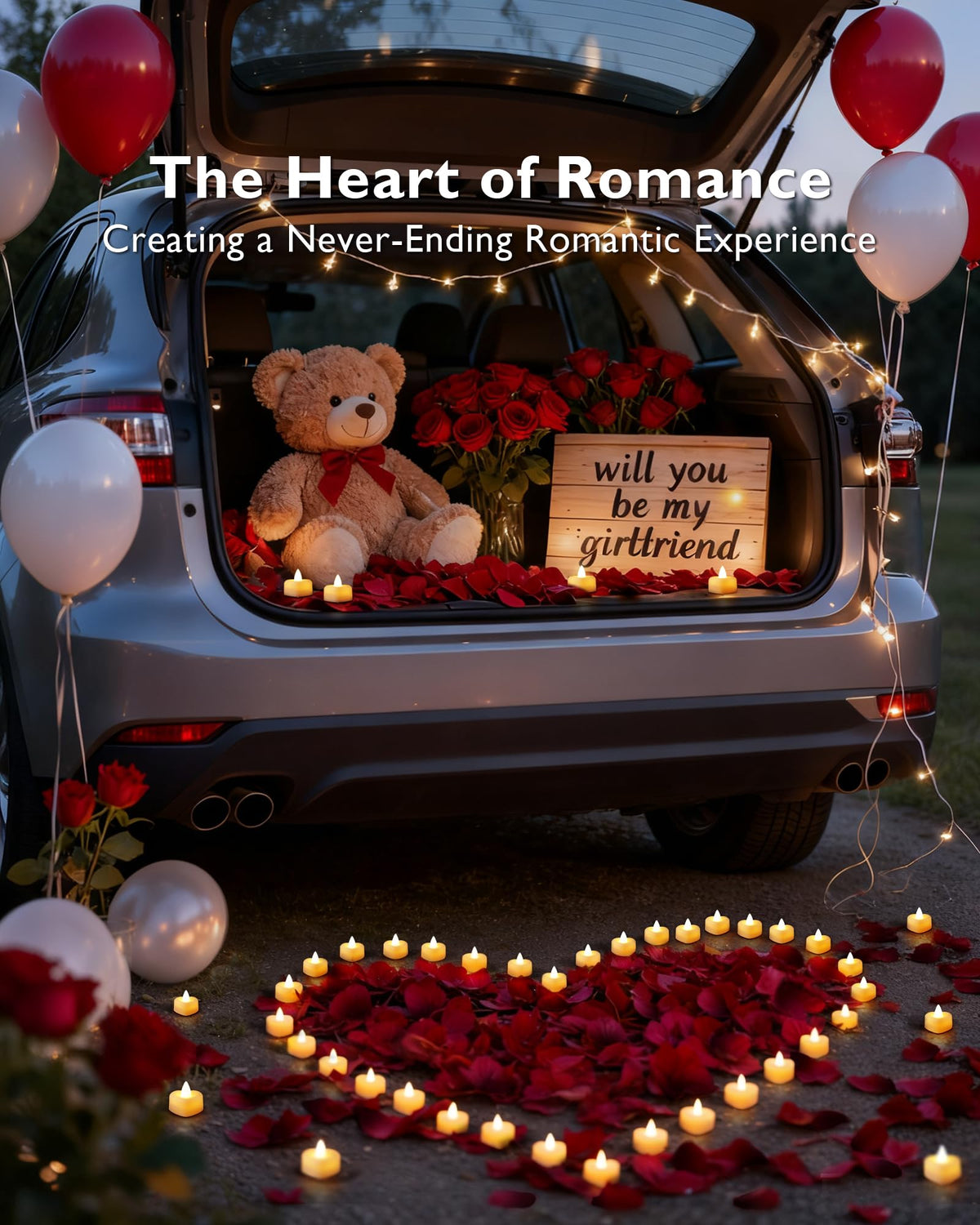 Amagic 4000 Pieces Artificial Rose Petals with 50 Heart LED Tea Lights Candles Kit, Rose Petals and Candles Set for Proposal, Anniversary, Special Romantic Night, Wedding Table Decor