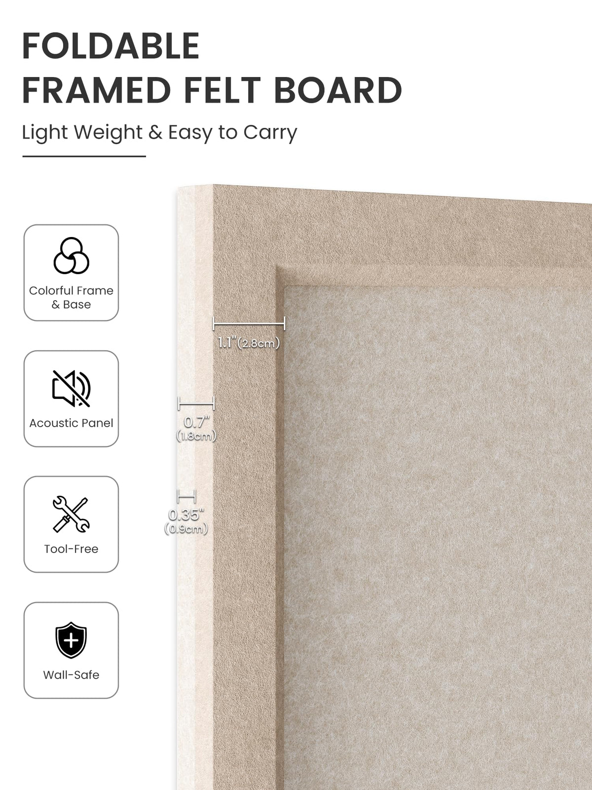 Fluxynara Foldable Cork Board Alternative, Felt Bulletin Board 35.4" x 23.6" Deep Camel Frame with 24 Adhesive Tabs, Pin Board for Home Office, Classroom, Entryway, Kitchen Wall Decor—Oatmeal