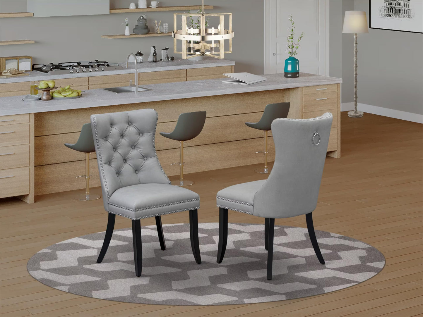 East West Furniture DAP6F27 Dallas Parson Dining Room Chairs - Button Tufted Nailhead Light Gray Polyester Fabric Padded Chairs, Set of 2, Wirebrushed Black
