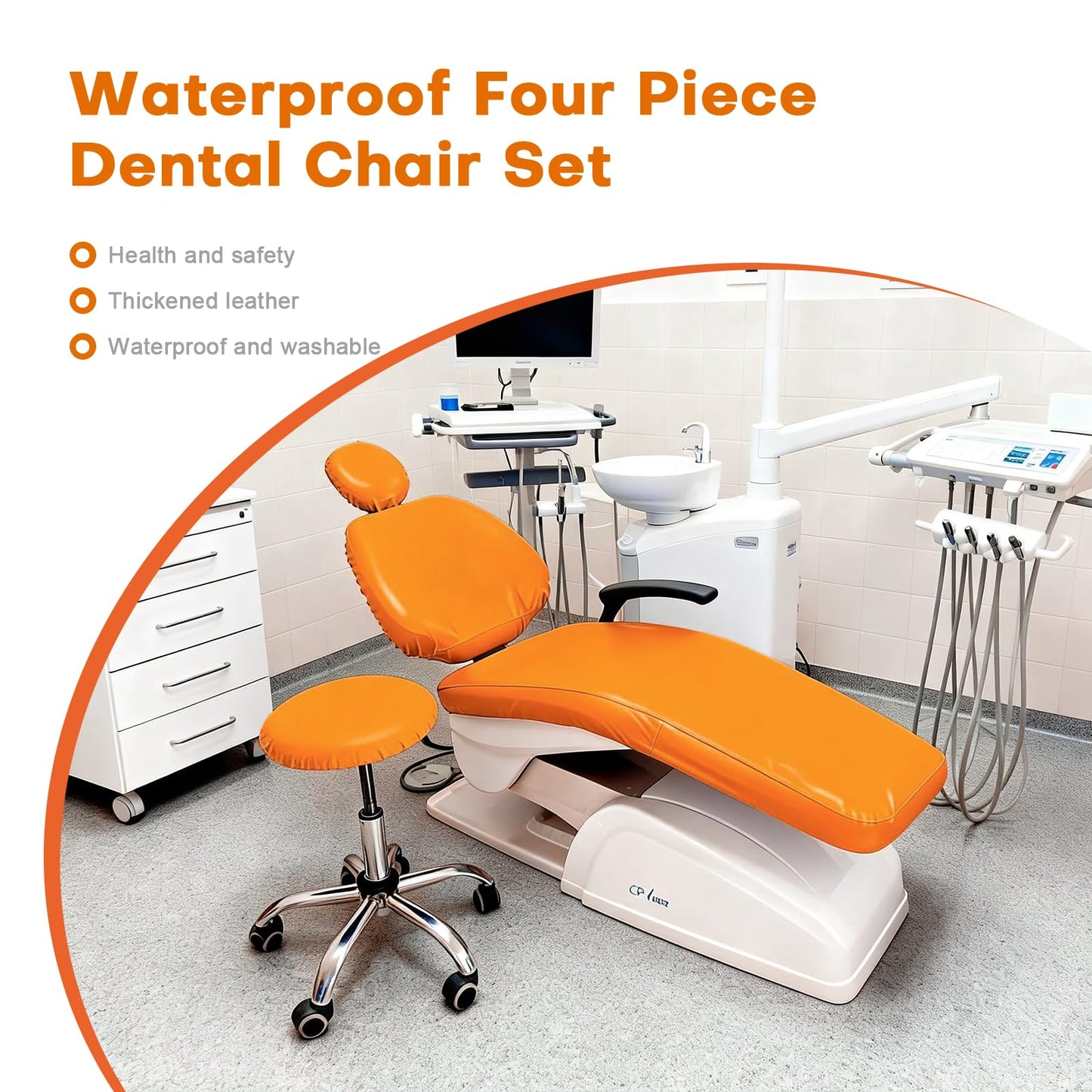 buyzg 5Pcs Dental Chair Covers Set - Waterproof & Non-Slip PU Leather Elastic Full Covers with Foot, Seat, Headrest & Backrest Protectors for Dental Clinic Chairs(Orange)