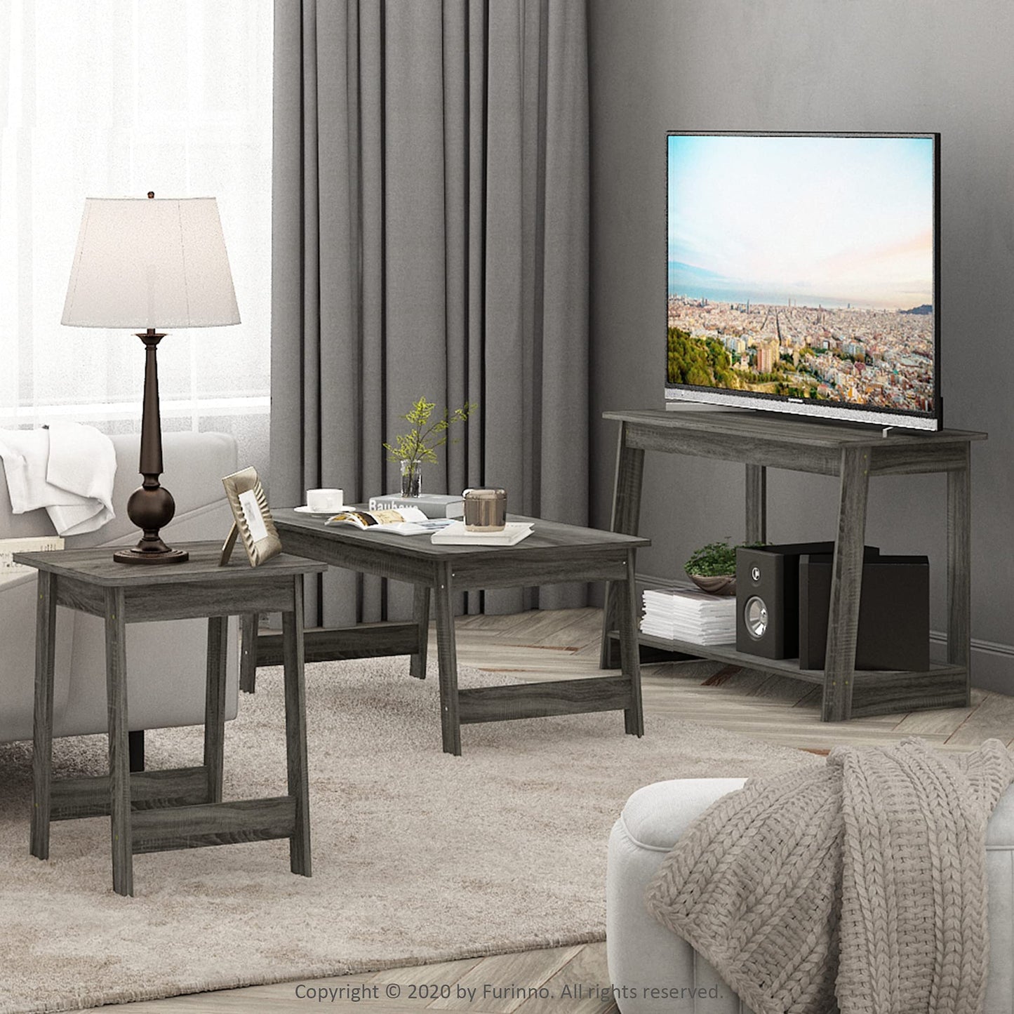 Furinno BEGINNING TV Stand, 2-Tier Rectangular Entertainment Center with Open Shelf, TV Console for TV up to 36 Inch, Open Back, for Living Room, Bedroom, French Oak