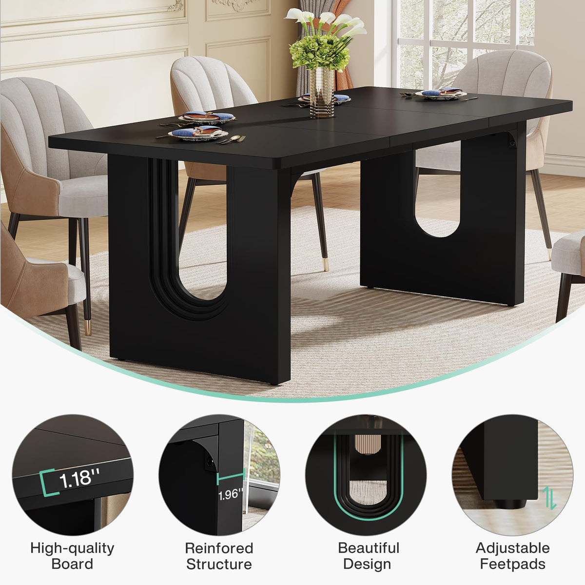 Tribesigns Modern Dining Table for 6 People, 71" Large Kitchen Dining Table with Wood Pedestal Base, Rectangular Long Dinner Table for Kitchen, Dining Room, Living Room, Black