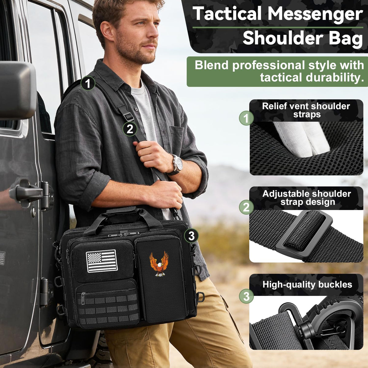 BYIECLD Tactical Laptop Bag for Men, 14 Inch & 18 Inch Military Messenger Bag, 900D Nylon Water Resistant Computer Bag with Luggage Strap, Multipurpose Work Bag for Travel, Business, Campus
