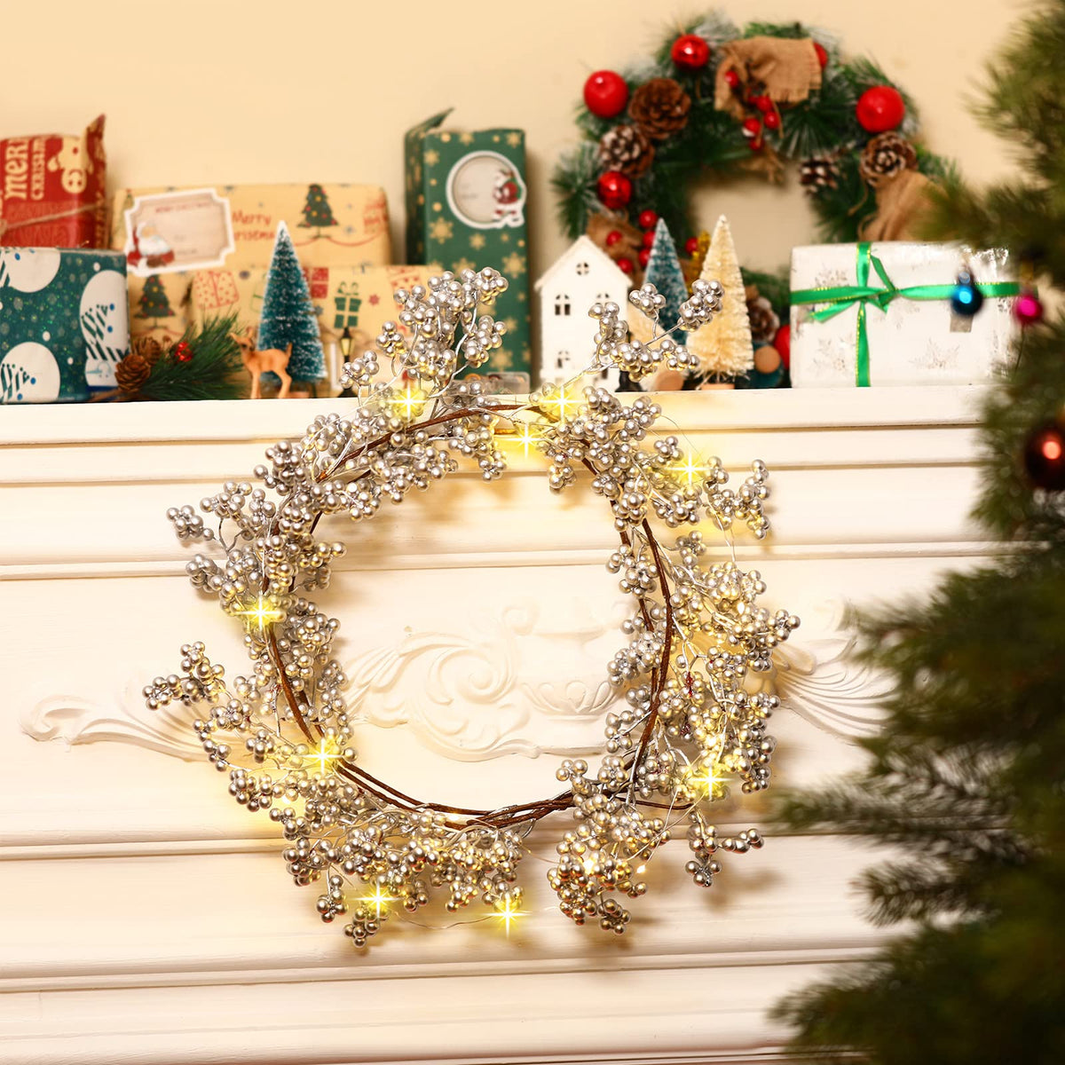 Syhood Christmas Berry String Garland with Lights Thanksgiving Artificial Lighted Garland for Xmas Winter Tree Decor Home Office Fireplace Mantel Decoration Holiday Valentines, 6 ft(Silver,1 Pc)