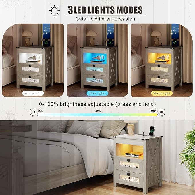 Farmhouse Night Stand with Gun Drawer, Bedside Table with Charger Station