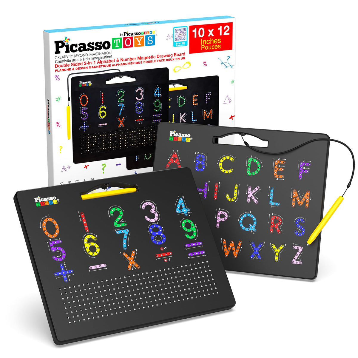PicassoTiles 2in1 Magnetic Drawing Board Toy 12x10 In Large Magnet Bead Pad with Alphabet and Math Side in Black STEM Educational Writing Playboard Reusable Erasable Learning Tablet for Kids PTB02-BLK