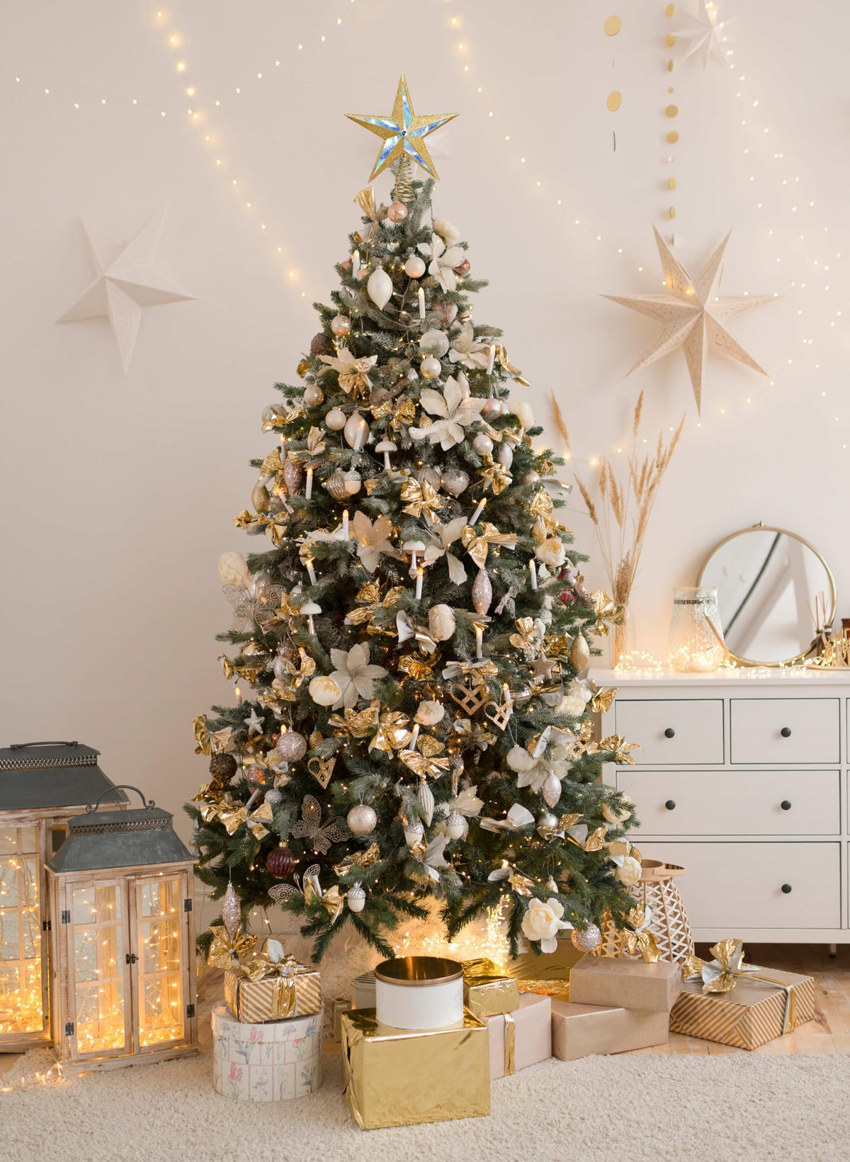 Christmas Traditions 10 inch Large Filigree Gold Holographic Glittered Christmas Star Tree Topper Star for Large Tree 6 feet-8 feet Tall/Home Decor Ornaments (Gold Holographic)