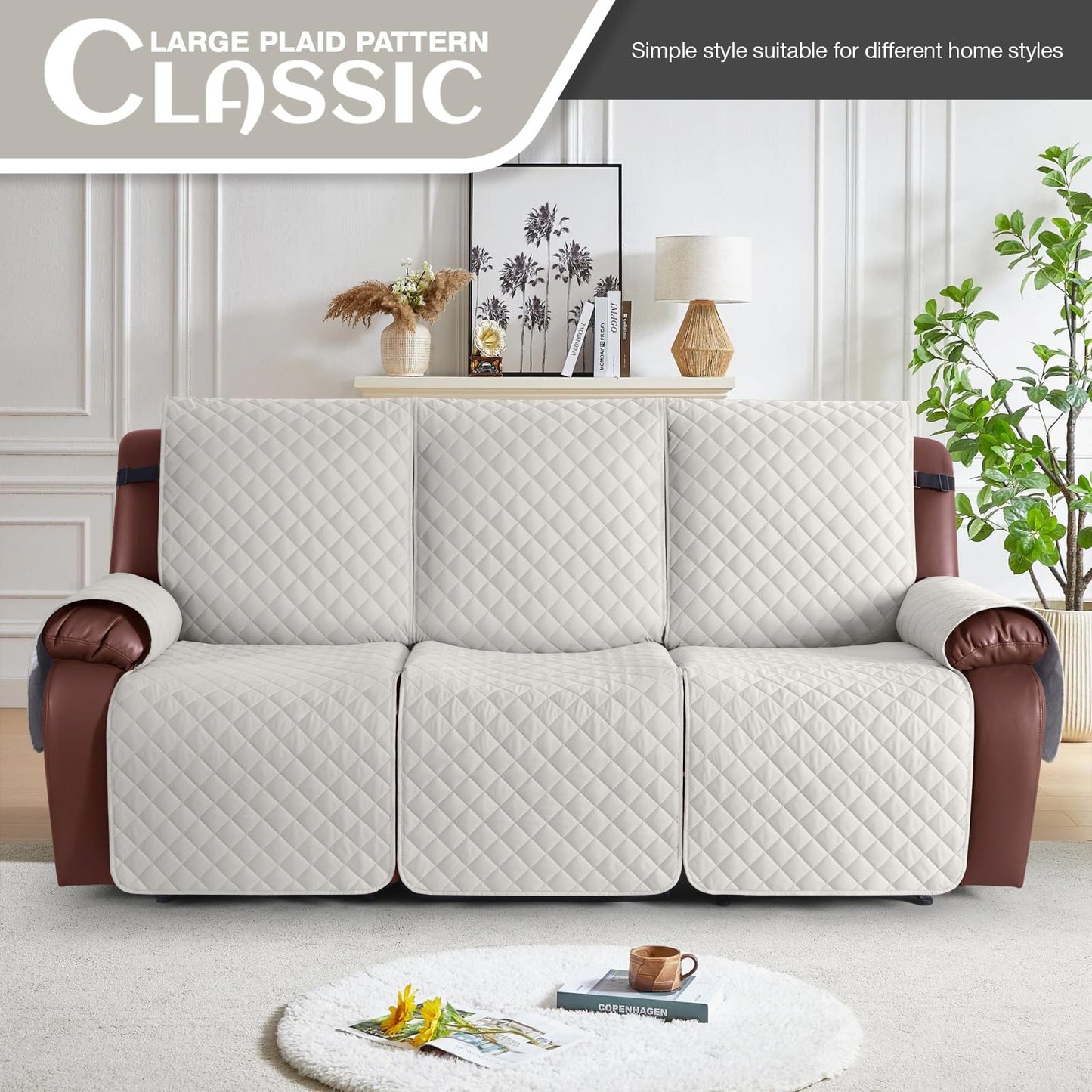 KinCam 100% Waterproof Recliner Sofa Covers, Non-Slip Reclining Couch Covers for 3 Seat, Recliner Couch Cover Furniture Protector with Elastic Straps for Pets, Kids, Beige White