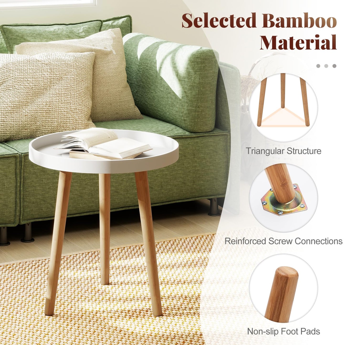 Giantex Round Side Table, End Table with Wooden Tray, Sturdy Tripod Stand & Premium Metal Connectors, Round Sofa Side Table for Living Room, Office, Bedroom Nightstand, White (1)