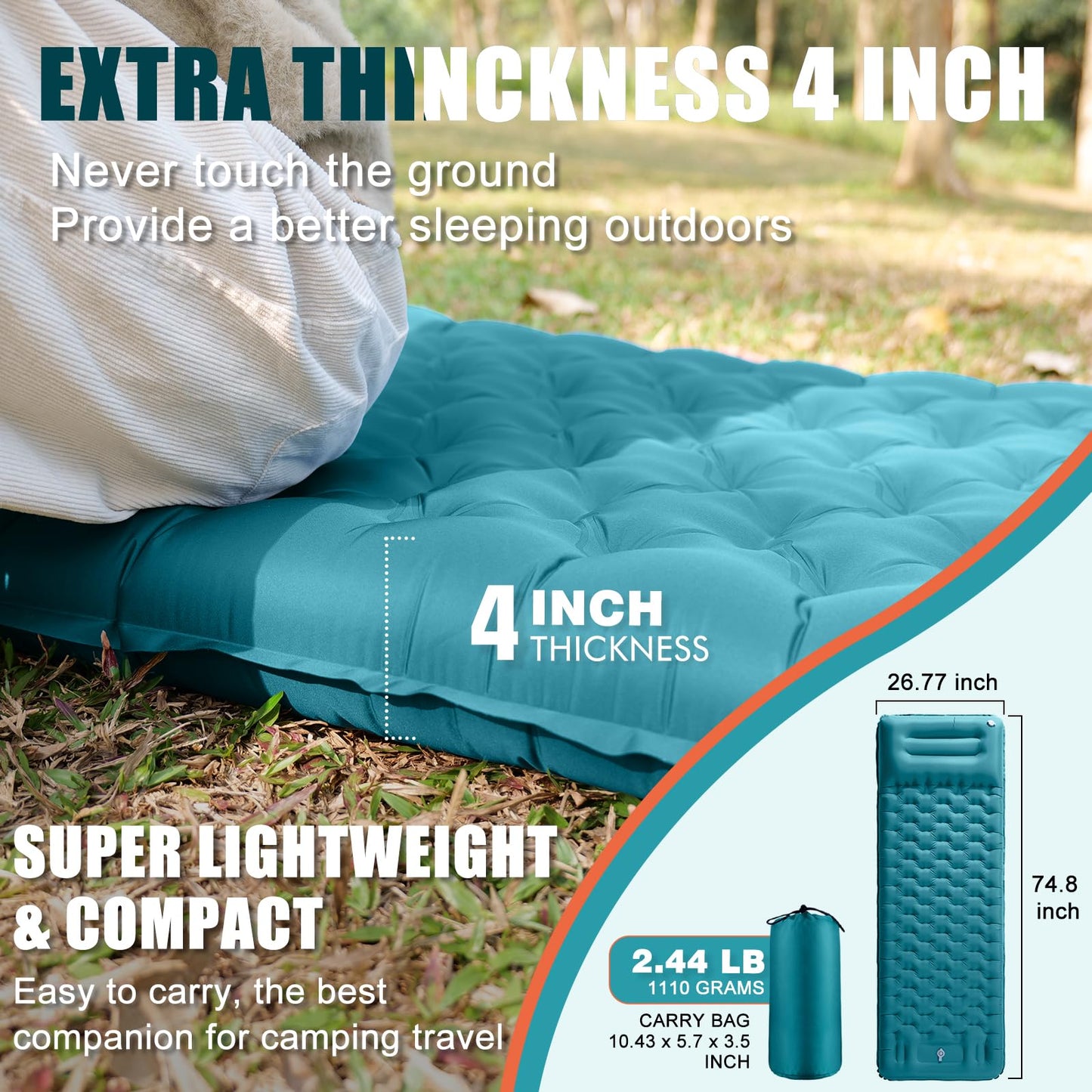GDREAMT Inflatable Camping Sleeping Pad with Pillow, Extra Thickness 4 Inch Sleeping Mat with Built-in Pump, Compact & Ultralight Camping Air Mattress for Backpacking Hiking Tent Traveling