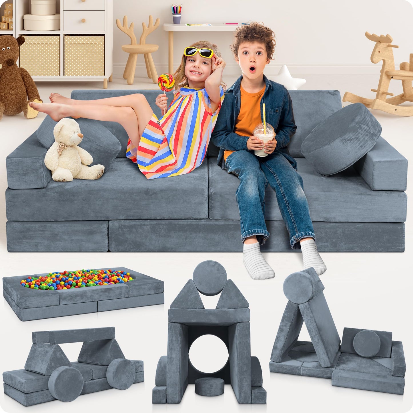 Lunix LX15 14pcs Modular Kids Play Couch, Design-Patent Child Sectional Sofa, Fort-Play Bedroom & Playroom Furniture for Toddlers, Convertible Foam, Washable Covers, OEKO-TEX & CertiPUR-US, Stone Gray