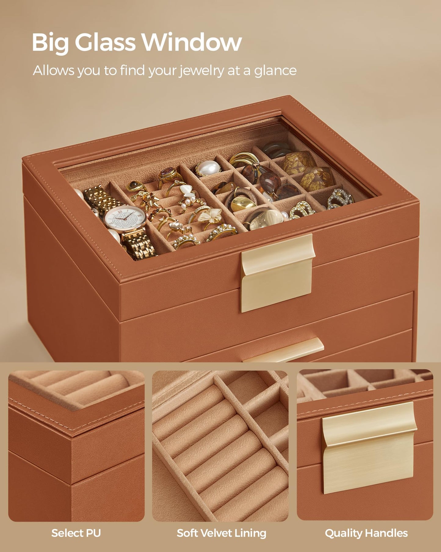 SONGMICS GISELLA Collection - Jewelry Box Organizer, 3-Layer Jewelry Storage with 2 Drawers, Shiny Metal Hardware, Glass Lid, Modern, 8 x 9.1 x 5.3 Inches, Caramel Brown and Gold UJBC239K01