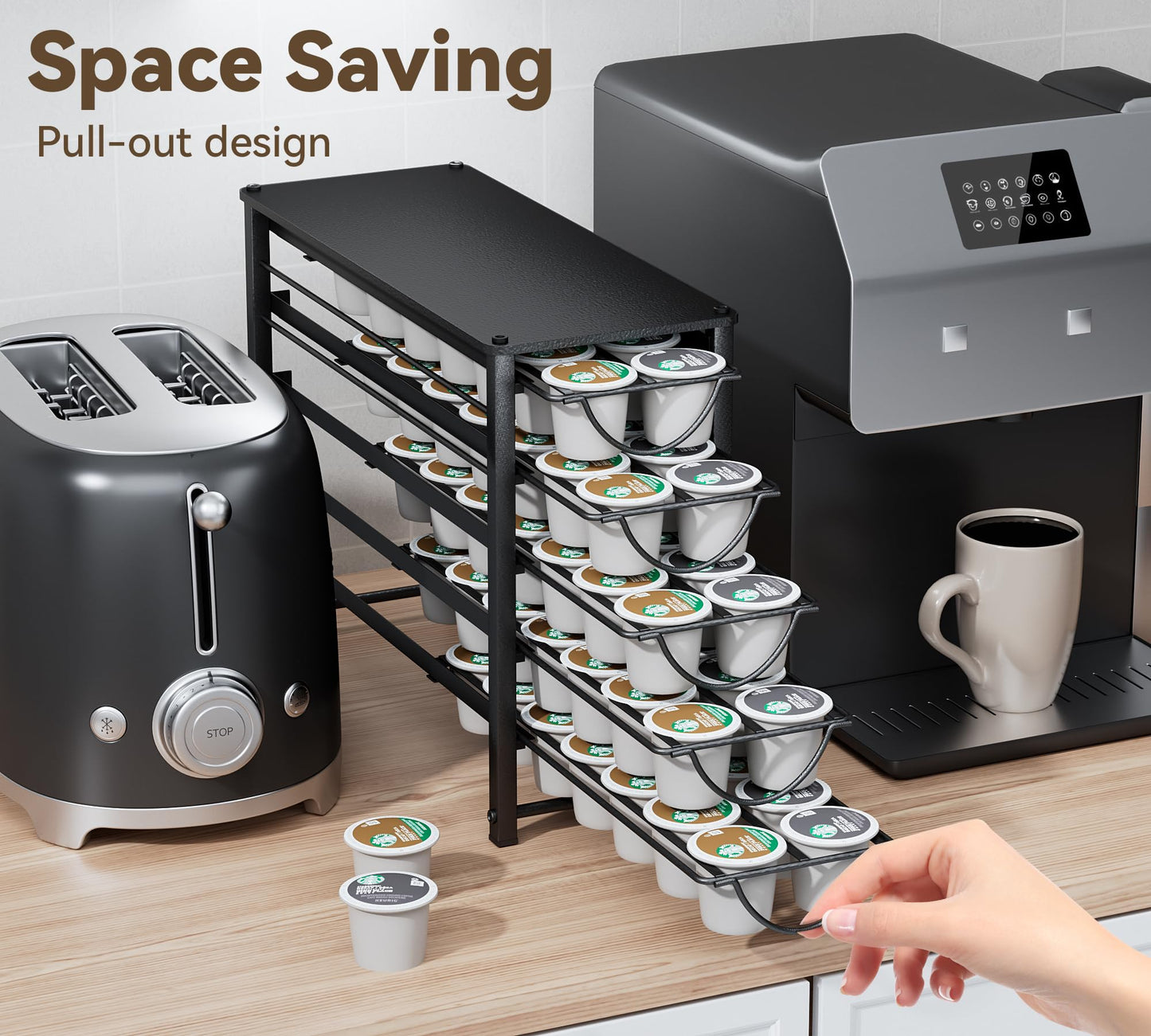 HFHOME Coffee Pod Holder For Counter, Pod Holder for K-cups, 5-tier Metal Coffee Capsule Storage Drawer, 70 Capacity Pods Organizer for Cafe Counter, Home, Office or Kitchen,3 cup rack, Black