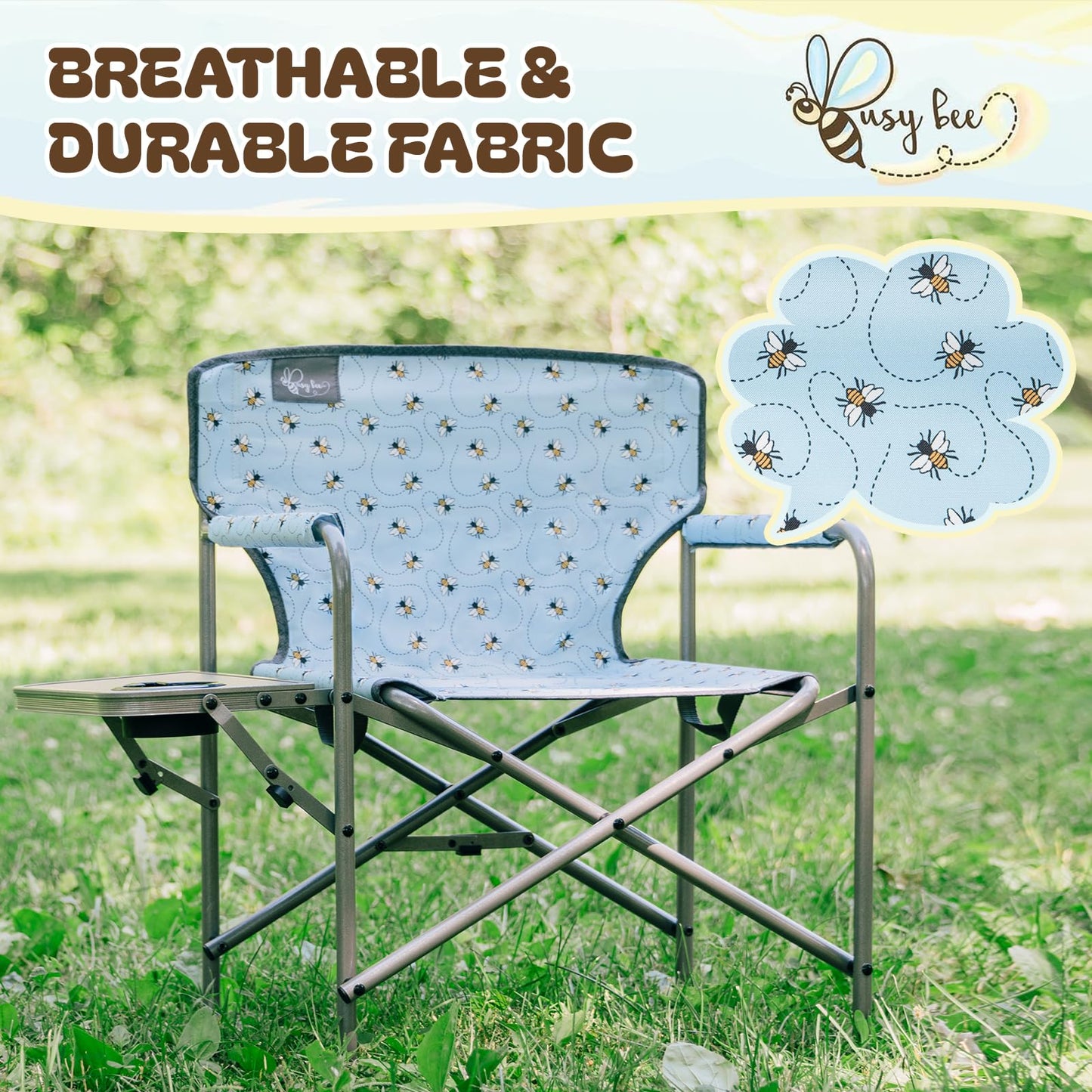 Busy Bee Kids Director Camping Chair with Foldable Side Table, Lightweight, Flat Folding, Compact and Portable, Perfect Kid Beach Chairs, Supports 150 Lbs.