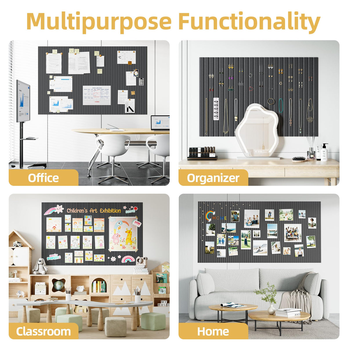 Large Cork Board for Wall 36" x 48" Black Bulletin Board with Safe Removable Adhesive Squares for Pictures Photos, Alternative CorkBoard Felt Pin Boards Tiles for Office Classroom Wall Decor-12 Pack