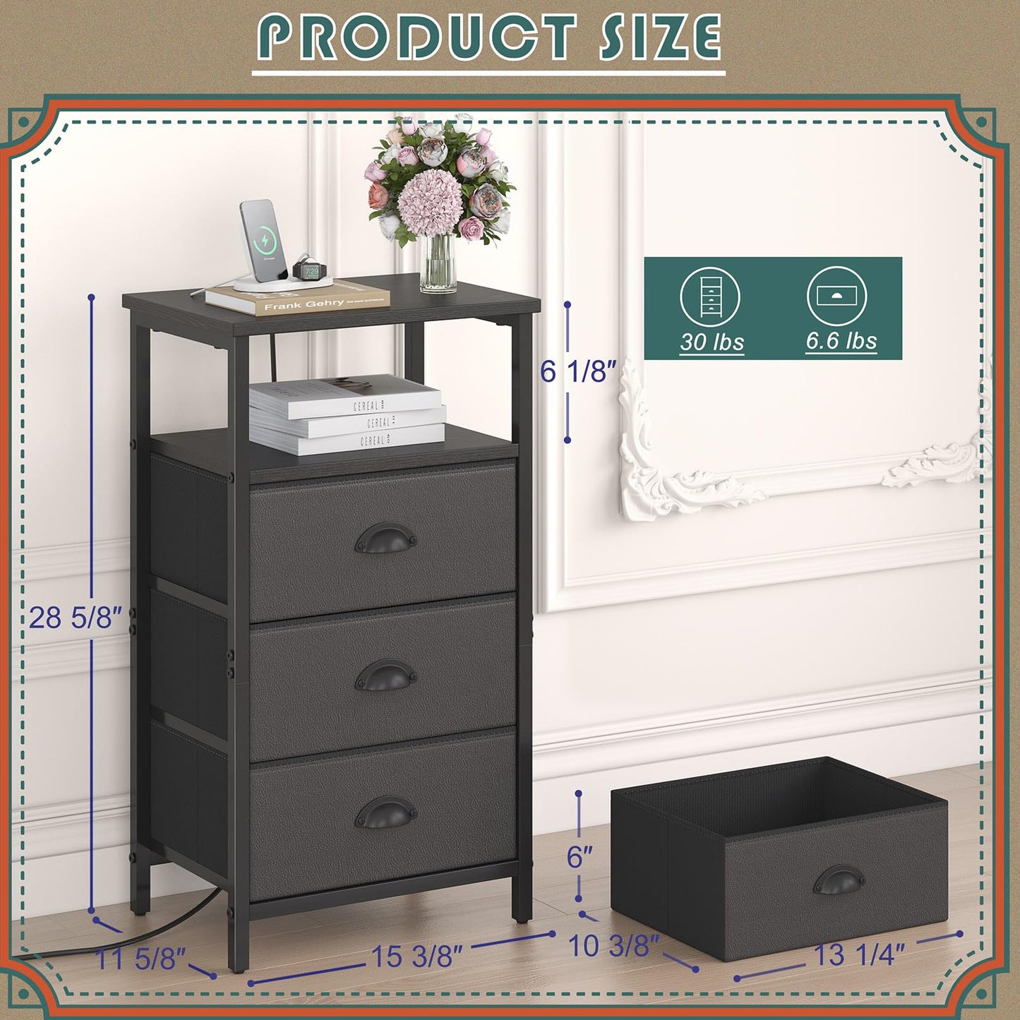 sthmec Nightstand with Charging Station,LED Black Nightstand with 3 Fabric Drawers PU Finish, Bedside End Tables, 2-Tier Open Storage Shelf Side Table Nightstand with Drawers for Bedroom,Black